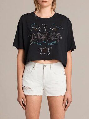 ALLSAINTS Onca Tine Black 100% Cotton Jersey Graphic Cropped T-Shirt, Size S